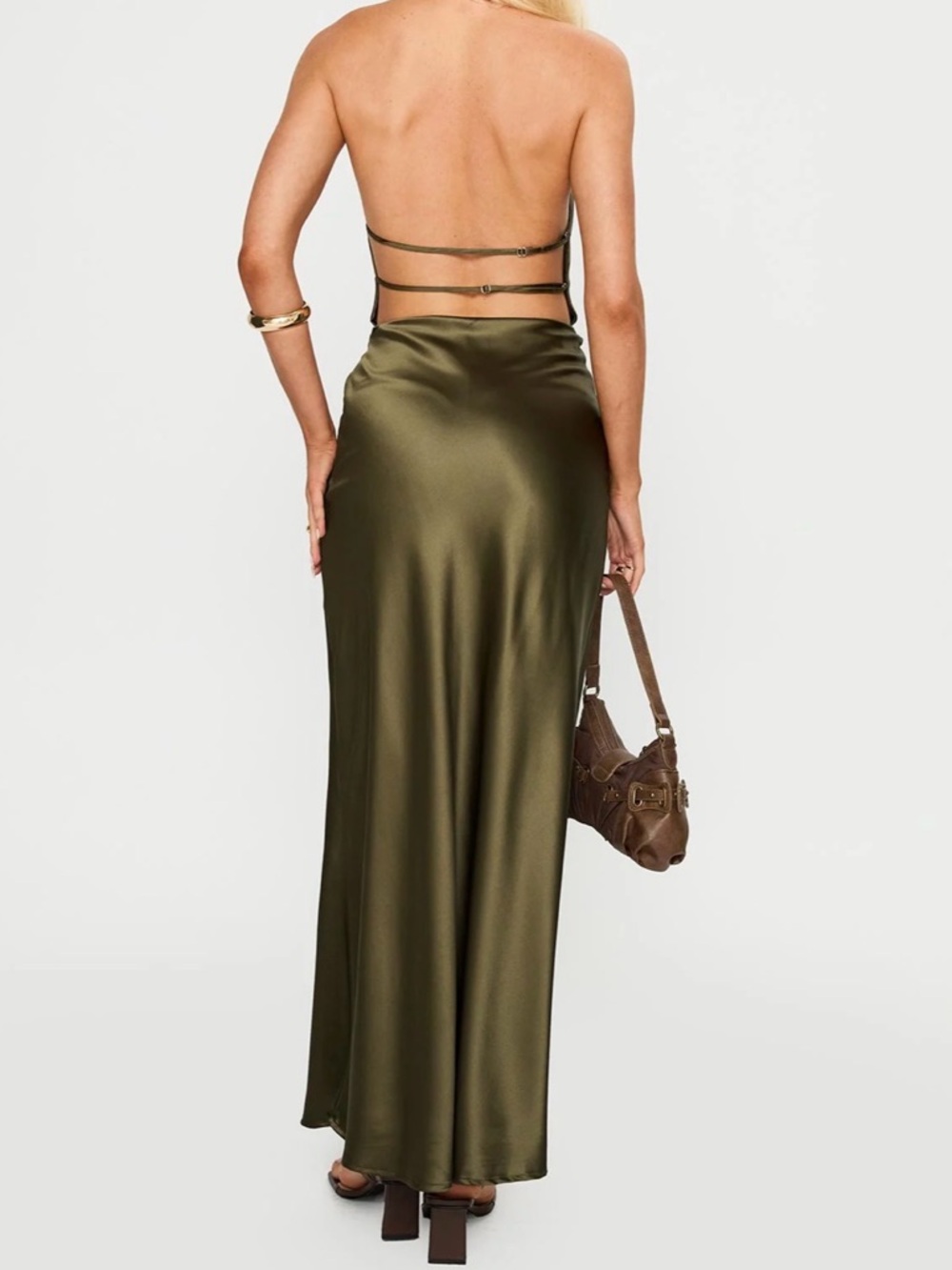 Princess Polly Iridescent Plunge Maxi Dress Olive Green. - Picture 6 of 12